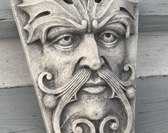 Hombre verde, piedra angular, cara de hoja, hombre verde, sicómoro, mascarón, arte de jardín, elemento renacentista, escultura medieval, gótico, Chalifour