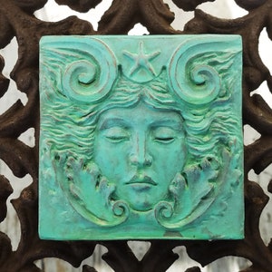 Sea Goddess Tile in Verdigris Finish, 4x4 inch square, Woman's face with swirls and starfish, by Richard Chalifour image 4