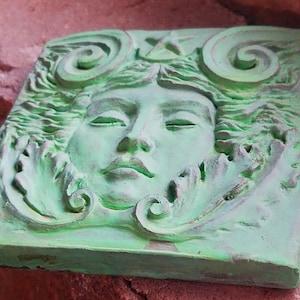 Sea Goddess Tile in Verdigris Finish, 4x4 inch square, Woman's face with swirls and starfish, by Richard Chalifour image 3