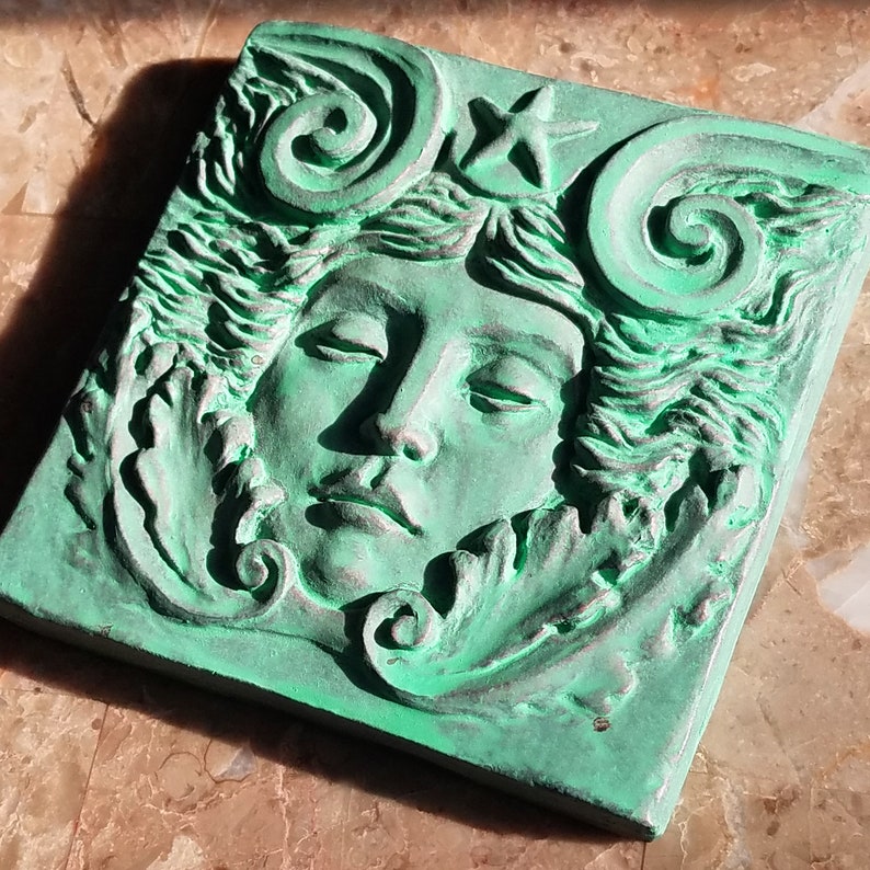 Sea Goddess Tile in Verdigris Finish, 4x4 inch square, Woman's face with swirls and starfish, by Richard Chalifour image 6