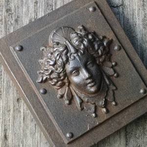 Luna in a Weathered Iron finish, classical architectural bronze detail, womens face, repro victorian paperweight, Cast Shadows Studio image 1