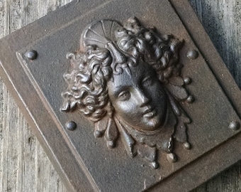 Luna in a Weathered Iron finish,  classical architectural bronze detail, womens face, repro victorian paperweight, Cast Shadows Studio