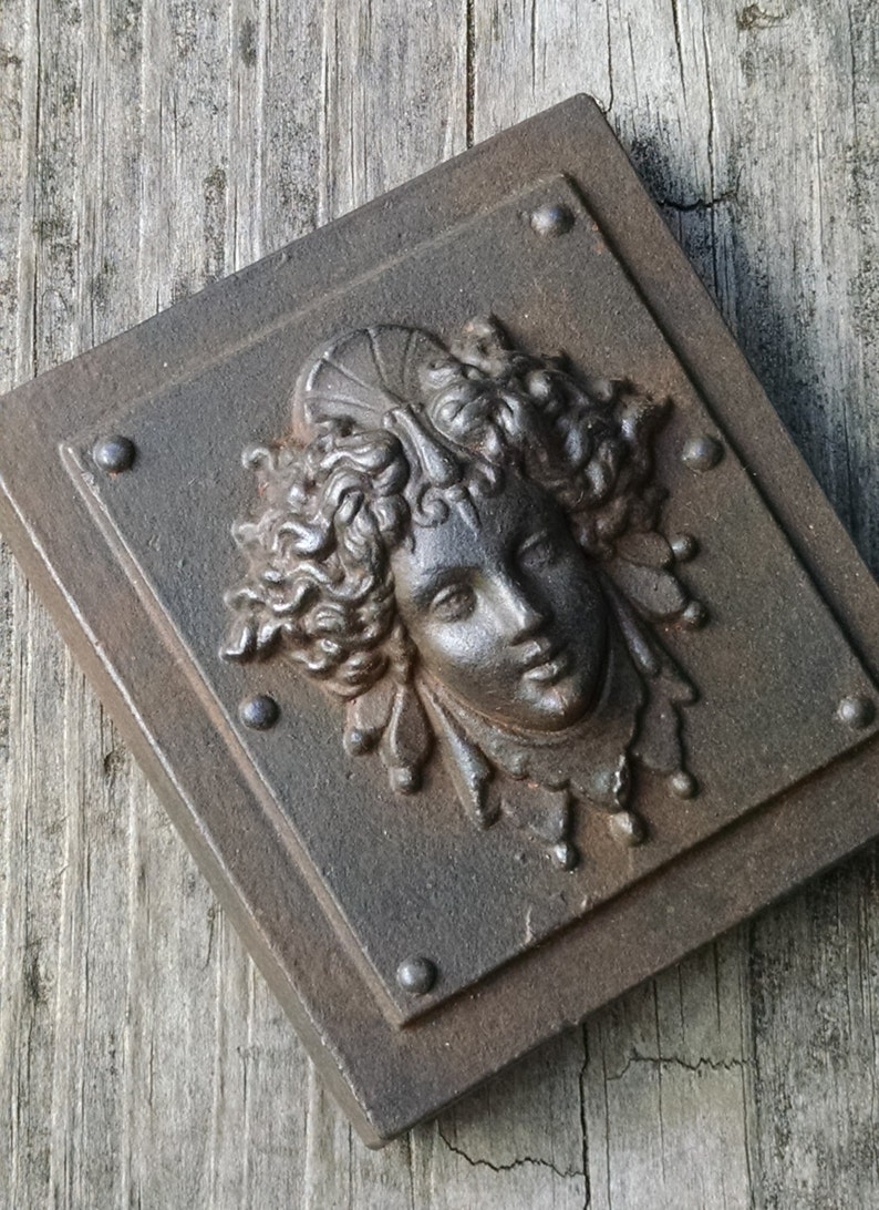 Luna in a Weathered Iron finish, classical architectural bronze detail, womens face, repro victorian paperweight, Cast Shadows Studio image 1