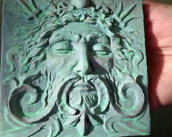 Sea god tile, 4x4 inch square Verdigris over Copper, Man's face with swirls and trident. grand old theater decor, Sculpted by Chalifour