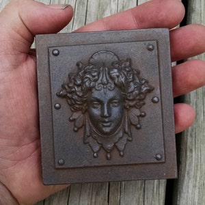 Luna in a Weathered Iron finish, classical architectural bronze detail, womens face, repro victorian paperweight, Cast Shadows Studio image 5