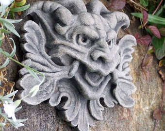 Grotesque, Garden Goblin, mythological green man, wall decor, cast stone, architectural detail