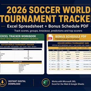 May include: Digital 2026 Soccer World Tournament Tracker. Includes an Excel spreadsheet and a bonus PDF schedule. Track scores, groups, knockout rounds, predictions, and top scorers. Instant digital download. Works with Microsoft 365, Excel for the Web & Google Sheets.