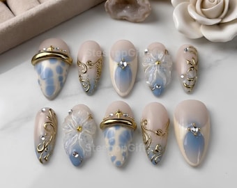 Luxury Ocean Press On Nails, 3D Flower Blue Fake Nails, Gold Coastal Glue On