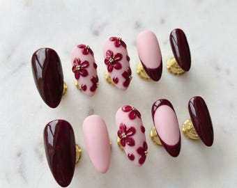 Burgundy Press on Nails, 3D Flower Glue on Nails, Elegant French Tip Nail Set
