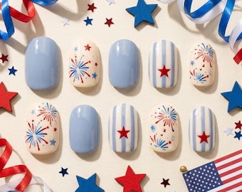 4th of July Press On Nails, Firework Stars, Short Oval Patriotic Fake Nails