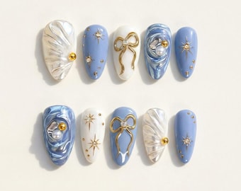 Luxury Blue and Gold Press on Nails, Pearl Bow Starburst Design, Almond Set
