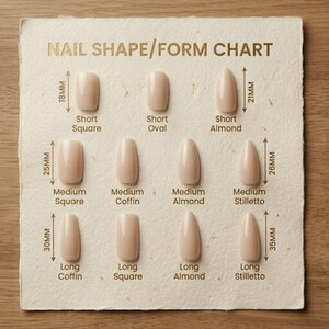 May include: A beige nail shape and form chart printed on textured paper. The chart displays eleven different artificial nail shapes labeled with their names and specific lengths in millimeters, including short, medium, and long variations.