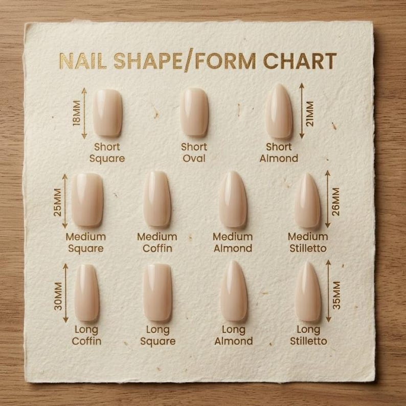 May include: A beige nail shape and form chart printed on textured paper. The chart displays eleven different artificial nail shapes labeled with their names and specific lengths in millimeters, including short, medium, and long variations.