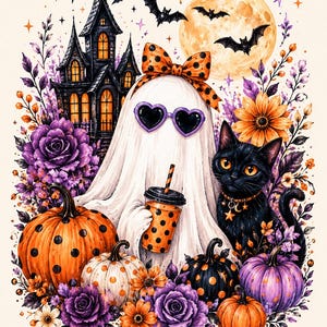 May include: A white ghost wearing a polka dot bow and heart-shaped sunglasses holds a polka dot cup. Beside the ghost is a black cat with a star collar, surrounded by orange and purple pumpkins, purple roses, orange flowers, and a haunted house.