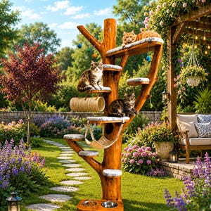 May include: A multi-level cat tree constructed from polished wood, featuring several carpeted platforms, a cylindrical tunnel, a hanging fabric hammock, and two integrated metal feeding bowls at the base, occupied by three cats.