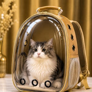 Puede incluir: Una mochila transportadora para mascotas de color beige y transparente con un gato gris y blanco dentro. La mochila tiene una parte delantera transparente en forma de burbuja, un asa y paneles laterales de malla.