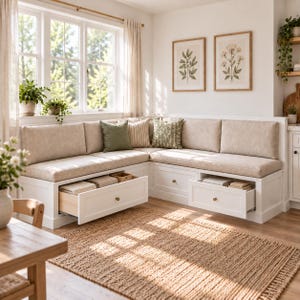 Puede incluir: Un banco esquinero en forma de L de madera blanca con cojines tapizados en beige y cajones de almacenamiento integrados. El banco cuenta con dos cajones abiertos con textiles doblados, decorado con cojines verdes y una alfombra tejida.