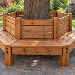 May include: A hexagonal wooden tree bench constructed from light brown cedar planks. The bench features a wrap-around backrest with horizontal slats and sturdy corner posts secured with dark metal bolts, designed to surround a central tree trunk.