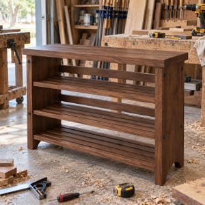 May include: A rectangular wooden shoe rack with three slatted shelves and a solid top surface. The unit features a dark brown wood grain finish and is constructed with visible dark metal hardware connecting the side panels to the horizontal shelves.