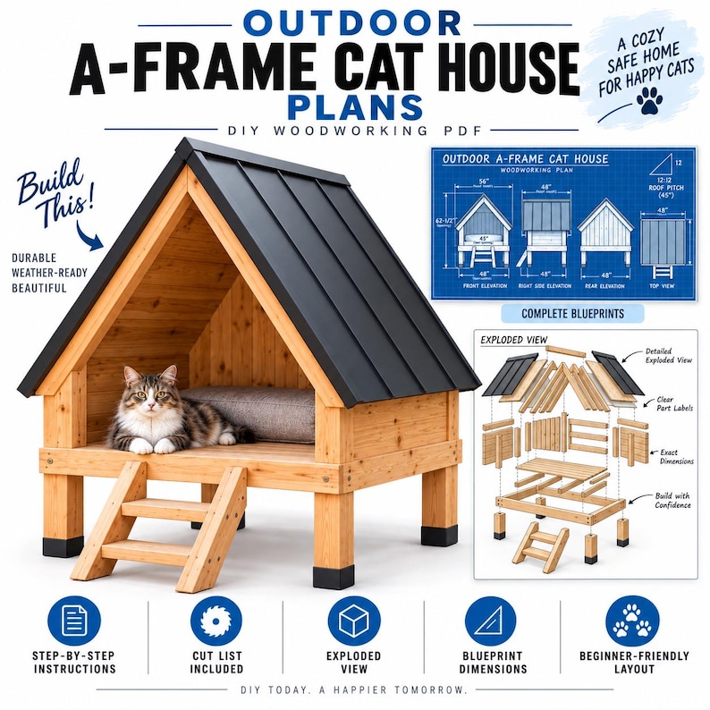 DIY Outdoor Cat House Plans | A-frame Wooden Cat Shelter Woodworking ...
