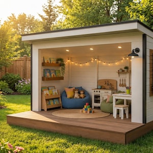May include: A white outdoor playhouse with a dark brown wooden deck, featuring an open front, a string of warm lights, a blue beanbag chair, a small wooden kitchen set, a white table with a stool, and wooden shelves filled with books.