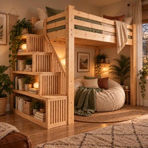 May include: A light-colored wooden loft bed featuring an integrated staircase with open shelving units. The bed is elevated above a cozy seating area containing a large, round, cream-colored beanbag chair draped with a green knitted throw blanket.