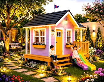 Planos para casita de juegos infantil de bricolaje / Planos de cabaña exterior con tobogán (Descarga en PDF)
