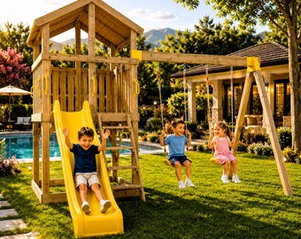 Planos para parques infantiles de madera para armar uno mismo / Columpios, casita de juegos y tobogán para niños (PDF)