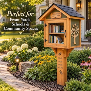 May include: A wooden outdoor book exchange box with a gabled roof, a glass-front door, and two shelves filled with books. The structure features a tree cutout on the side and a post inscribed with the words READ, GROW, SHARE, BELONG.