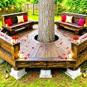 May include: A circular wooden deck built around a tree trunk featuring two dark brown benches with red and beige throw pillows. The deck is decorated with scattered red rose petals, small glass candle holders, and vases of red roses.