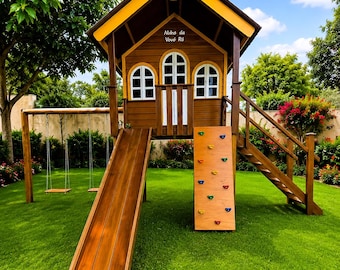 Planos para casita de juegos de madera para armar, columpio para el jardín, tobogán, muro de escalada (descarga en PDF)
