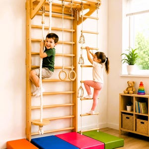 May include: A light-colored wooden wall-mounted climbing frame featuring a vertical ladder, a rope ladder, a climbing rope with a circular wooden disc, and two gymnastic rings, positioned above four rectangular floor mats in orange, blue, pink, and green.