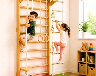 Plano para construir un muro de escalada con escalera de madera estilo sueco / Gimnasio infantil de interior (Descarga en PDF)