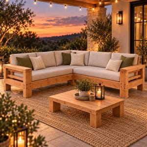 May include: An L-shaped outdoor sectional sofa made of light-toned wood with beige cushions and olive green and striped accent pillows. A matching low-profile wooden coffee table sits in front, holding a potted plant and a black metal lantern.