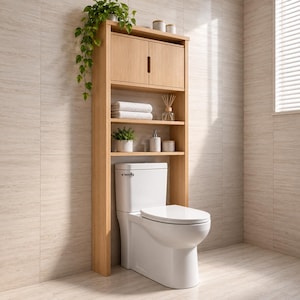 May include: A light wood over-the-toilet storage unit featuring a two-door cabinet at the top and two open shelves below. The unit is positioned over a white toilet and holds folded white towels, a small potted plant, and bathroom accessories.