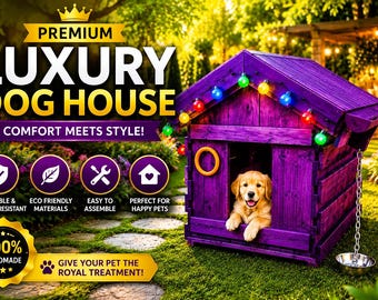 Planos para construir una caseta de perro de lujo de color morado, caseta de madera para exteriores, resistente a la intemperie (descarga digital).