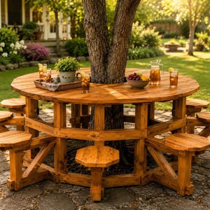 May include: A circular wooden picnic table with a central cutout designed to surround a tree trunk. The table features multiple attached octagonal seats supported by a sturdy frame, providing a spacious surface for drinks and snacks.