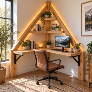 Puede incluir: Un escritorio esquinero de madera clara con estantes triangulares integrados e iluminación LED cálida. El escritorio cuenta con soportes metálicos negros, una silla de oficina de cuero marrón con marco negro y varias plantas en macetas.