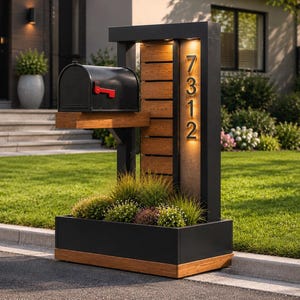 Puede incluir: Un buzón de metal negro con una bandera roja sobre un estante de madera unido a una estructura vertical con listones de madera horizontales, un marco negro y los números 7312 iluminados. Una base de maceta negra contiene plantas verdes.