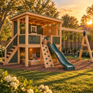 May include: A wooden outdoor play structure featuring a raised platform with a green-painted wall, a staircase, a climbing wall with green holds, a green slide, and a swing set. The structure includes a sandbox area underneath and string lights.