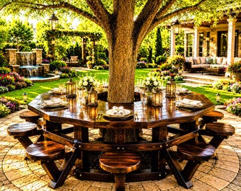 Planos de carpintería para banco de árbol (hágalo usted mismo) / Mesa de picnic hexagonal para jardín (muebles de exterior)