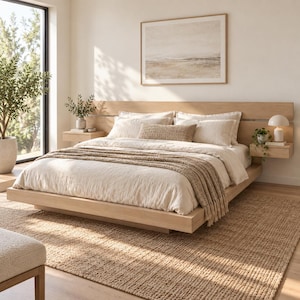 May include: A light wood platform bed frame with an integrated headboard and two floating nightstands. The bed is dressed in cream-colored bedding, including a textured throw blanket, and is positioned on a large, woven jute area rug.