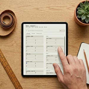 May include: A hand touches a tablet displaying a unit conversion chart. The tablet is on a wooden surface, next to a succulent plant in a terracotta pot, a rolled measuring tape, a wooden ruler, and a notepad with a pencil.