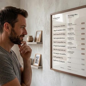 May include: A framed list titled "The Honey-Do List" and "The Privileges Menu" hangs on a wall. The lists are printed on a white background with a brown wooden frame. A person is looking at the list, with their hand on their chin.