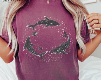 Cosmic Sharks PNG: Celestial Line Art, Ocean Lover Marine Animal Illustration (Digital Download)