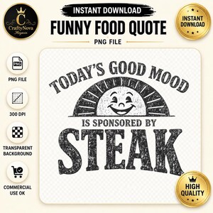 以下が含まれることがあります： 「TODAY'S GOOD MOOD IS SPONSORED BY STEAK」というテキストの上に、光線を描いた笑顔の太陽のアイコンが配置された黒いグラフィックデザイン。このデザインは、デジタル用途向けに透明な背景上に配置されており、かすれたような質感のある外観が特徴です。
