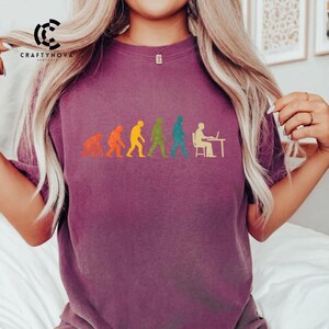 Peut inclure: Un t-shirt violet fonc&eacute; arborant un graphique multicolore repr&eacute;sentant l'&eacute;volution humaine. Le motif montre une progression allant d'un primate &agrave; un humain assis &agrave; un bureau avec un ordinateur. Les silhouettes sont orange, jaune, verte et bleue.