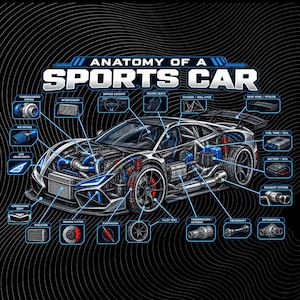 Może przedstawiać: Schemat techniczny zatytułowany ANATOMY OF A SPORTS CAR przedstawiający przekrój pojazdu. Etykiety wskazują na komponenty, takie jak silnik z turbodoładowaniem, intercooler, kokpit, fotele wyścigowe, podwozie, klatka bezpieczeństwa i spojler.