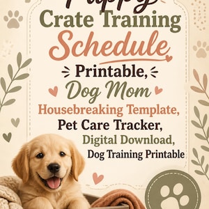 May include: A puppy crate training schedule printable featuring a golden retriever puppy in a wooden crate. The text reads: Puppy Crate Training Schedule, Printable, Dog Mom Housebreaking Template, Pet Care Tracker, Digital Download, Dog Training Printable.