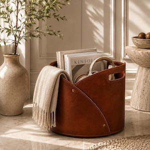 Handgefertigter Zeitschriftenkorb aus Leder, luxuriöser Aufbewahrungskorb aus Leder, Deckenhalter, Wohnzimmer-Organizer, moderne Wohndekoration